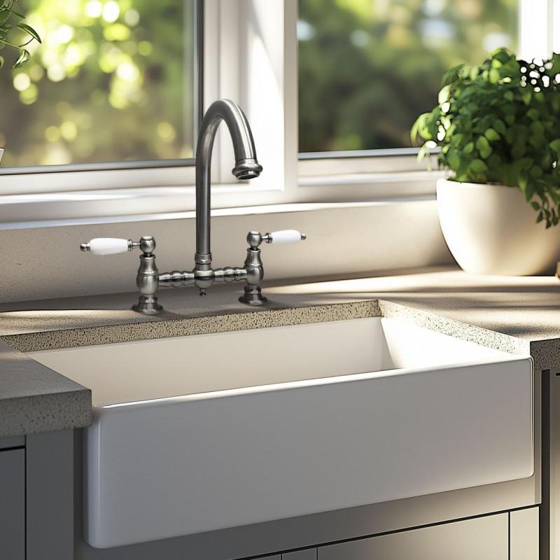 PB Nostalgisk Brokkökskran i rostfritt stål med rund pip och vita handtag PBN.RVS.R.WH