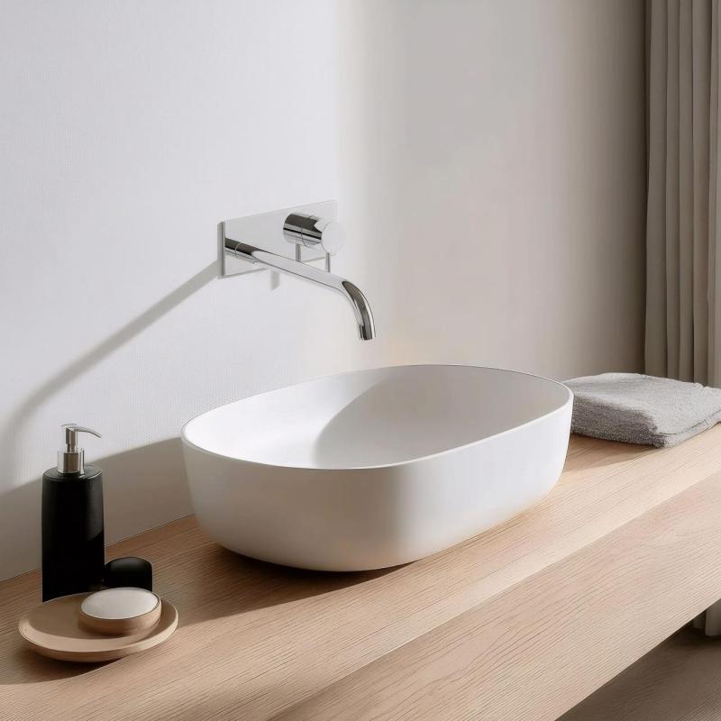 Waterevolution Flow inbyggd tvättställsblandare med täckplatta krom med utloppspip 25 cm T1161B01-25