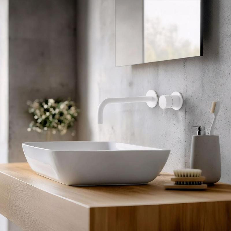 Waterevolution Flow inbyggd tvättställsblandare matt vit med utlopp 21 cm T116BBR-21