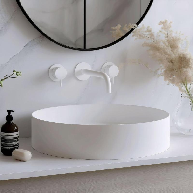 Waterevolution Flow 3-håls infälld tvättställsblandare matt vit med utlopp 15 cm T1163FBR-15