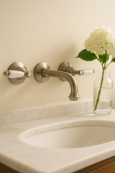 PB klassisk väggmonterad kran med vita handtag 16 cm pip RVS 1208854342