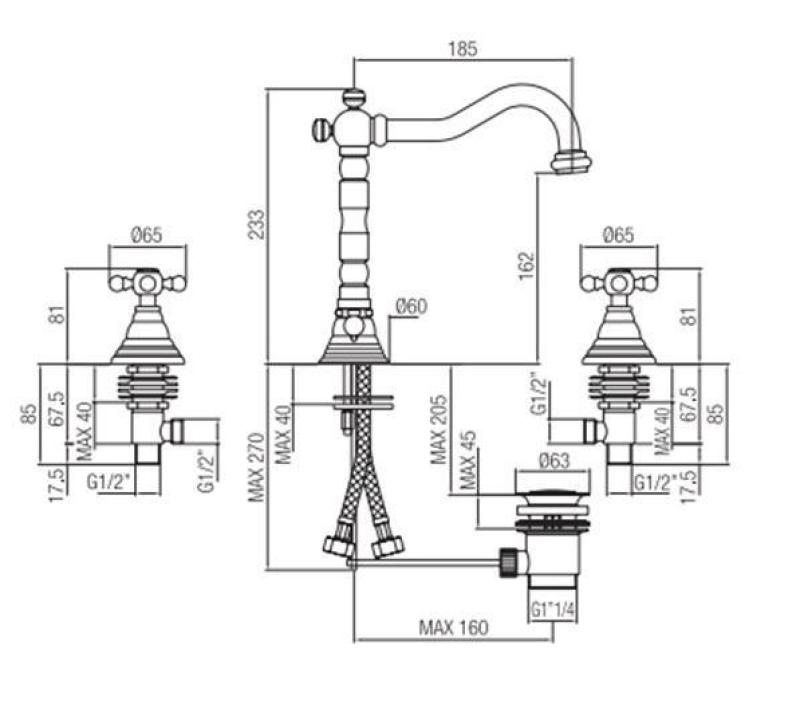 PB klassisk 3-håls tvättställsblandare med stjärnformade vred och en pip på 18,5 cm i rostfritt stål 1208854952