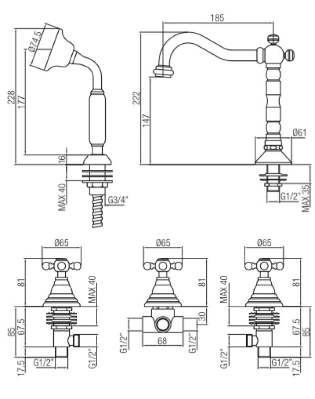 PB klassisk 5-håls badkarskantkran med stjärnhandtag brons 1208855782
