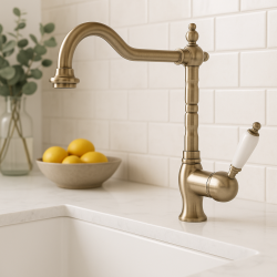 PB nostalgisk ettgrepps kökskran med vit handtag rostfritt stål 1208952878