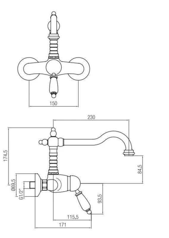 PB nostalgisk ettgrepps väggmonterad kran med vit handtag, krom