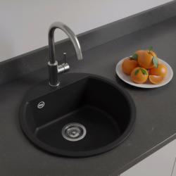 GraniteMy Bremen rund granitho diskbänk 43 cm svart för både ovanpåliggande och undermonterad installation med kranhål och rostfri plugg 1208953206