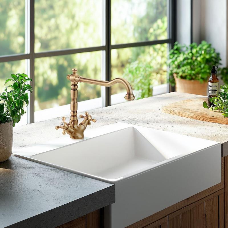 Nostalgisk kökskran V1910 Mässing Natur kran missfärgad åldrad 1208953525