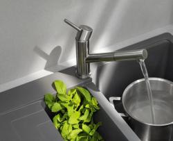 Franke Orbit massiv rostfri låg kökskran med utdragbar pip inox 115.0569.461