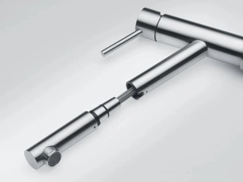 Franke Orbit massiv rostfri låg kökskran med utdragbar pip inox 115.0569.461