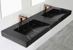 Solid-S Marble dubbel handfat i solid surface svart marmor matt utan kranhål med solid cover B160xD45xH8 1208953890