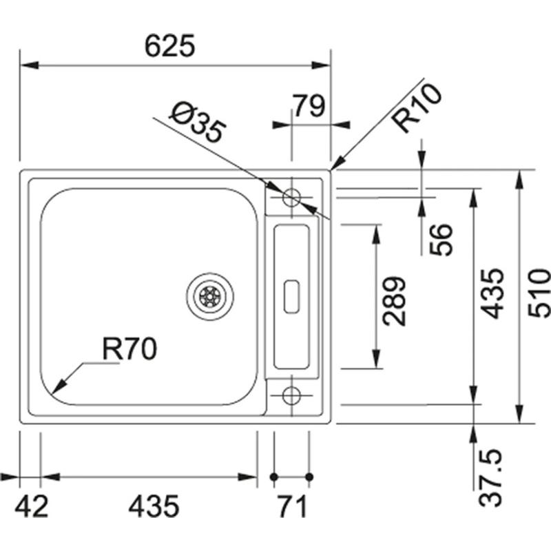 Franke Argos AGX 210 rostfritt stål 10 cm grund diskho planmontering 625x510 omvändbar handikappanpassad 127.0296.789