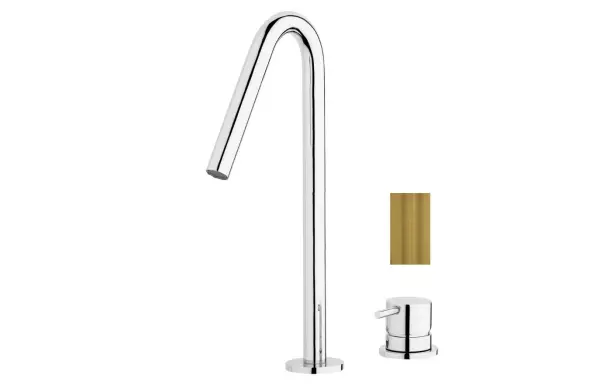 Waterrevolution Flow 2-håls tvättställsblandare borstad mässing med hög V 120mm pip T1122VLE