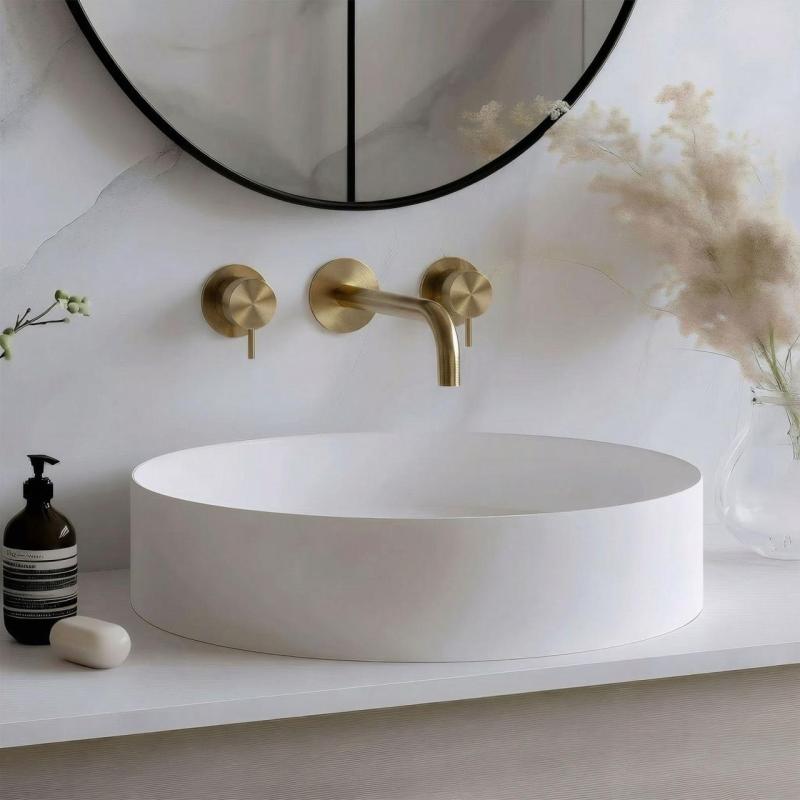 Waterevolution Flow 3-hole Built-in Washbasin Faucet Fully Brushed Brass with spout 15 cm T1163FLE-15