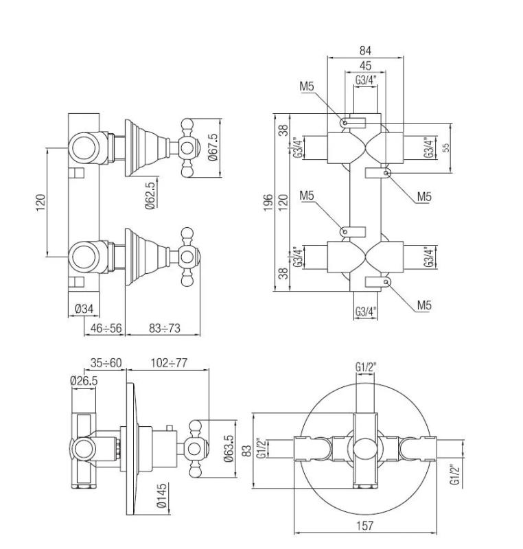 PB Classic nostalgisk inbyggd duschtermostat med 2 stoppkranar brons