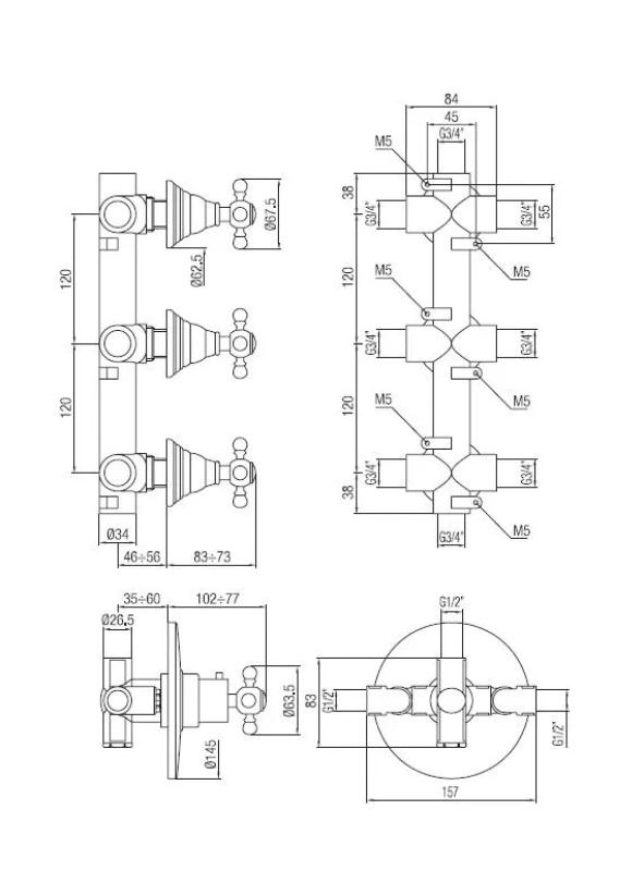 PB Classic nostalgisk inbyggd duschtermostat med 3 stoppkranar krom