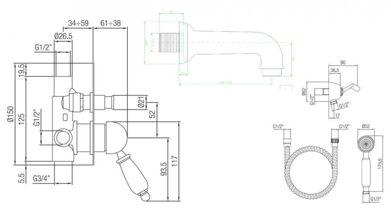 PB nostalgisk inbyggnadsduschset Brons