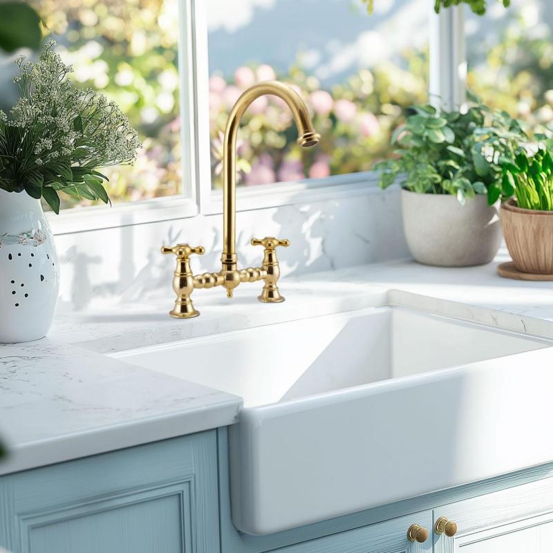 PB Nostalgisk Köksblandare Mässing Natur rund pip med stjärnhandtag 1208954669