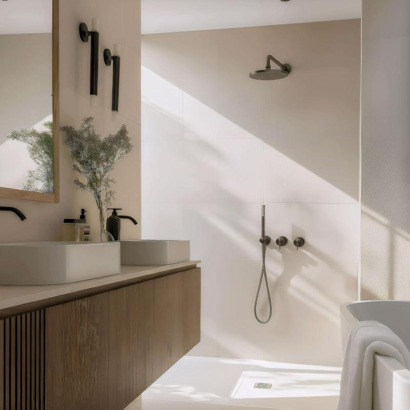 Waterevolution Flow inbyggd duschset med termostat regndusch och handdusch gun metal