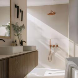 Waterevolution Flow inbyggd duschset med termostat regndusch och handdusch borstad koppar PVD