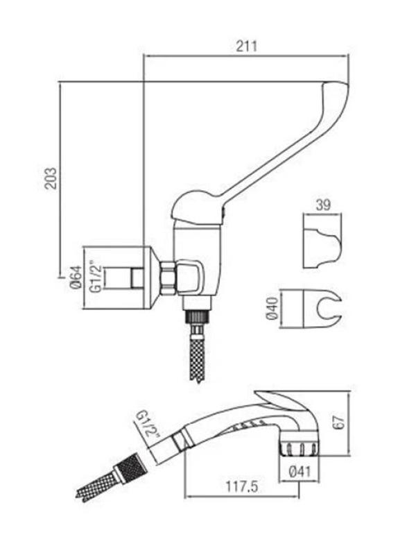 PB Clinic handikappanpassad duschblandare med lång spak i krom med tryckhanddusch 1208956283