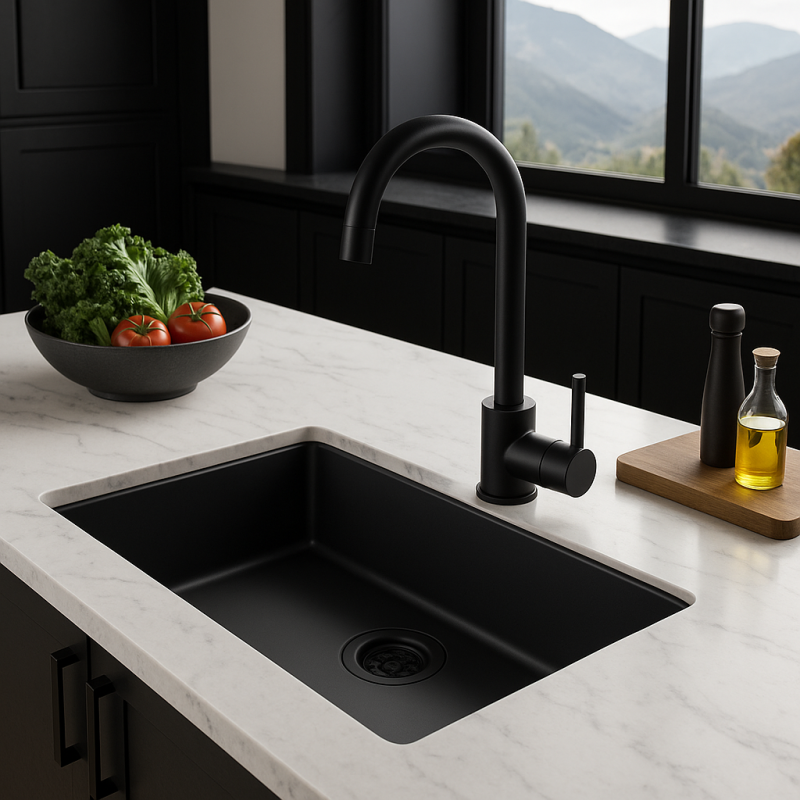 Svart stor diskho 70x40cm undermontering, ovanpåmontering och planmontering med svart plugg 1208956401
