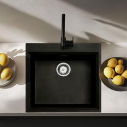 Zwart inbouw spoelbak 58x53cm met kraangatbank en roestvrijstalen plug 1208956732