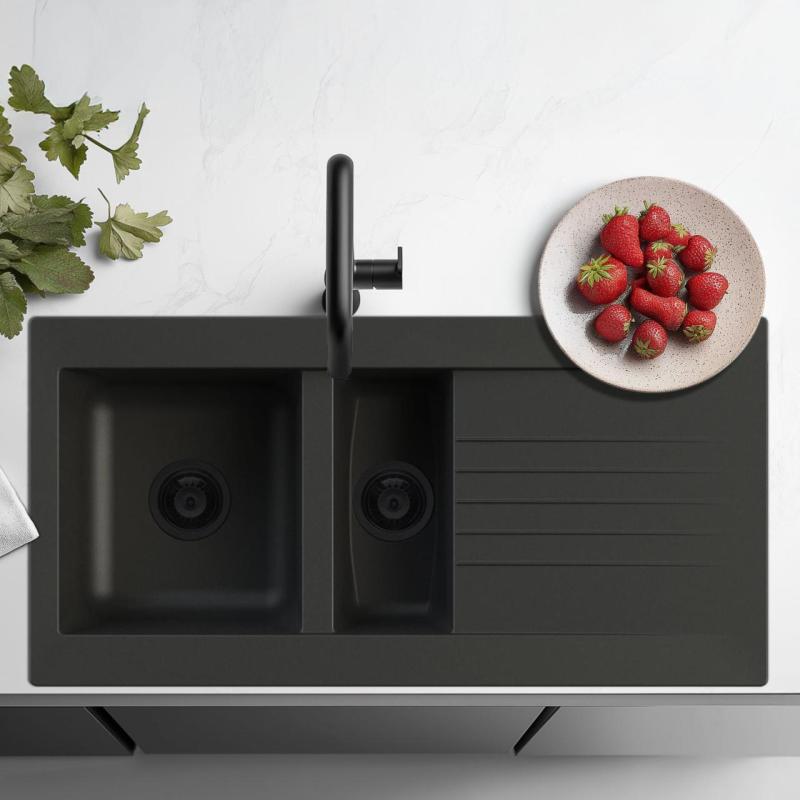 Ausmann Fibre 1,5 svart plastdiskho, vändbar med avrinningsyta, 100x50 cm, med svart plugg 1208956784