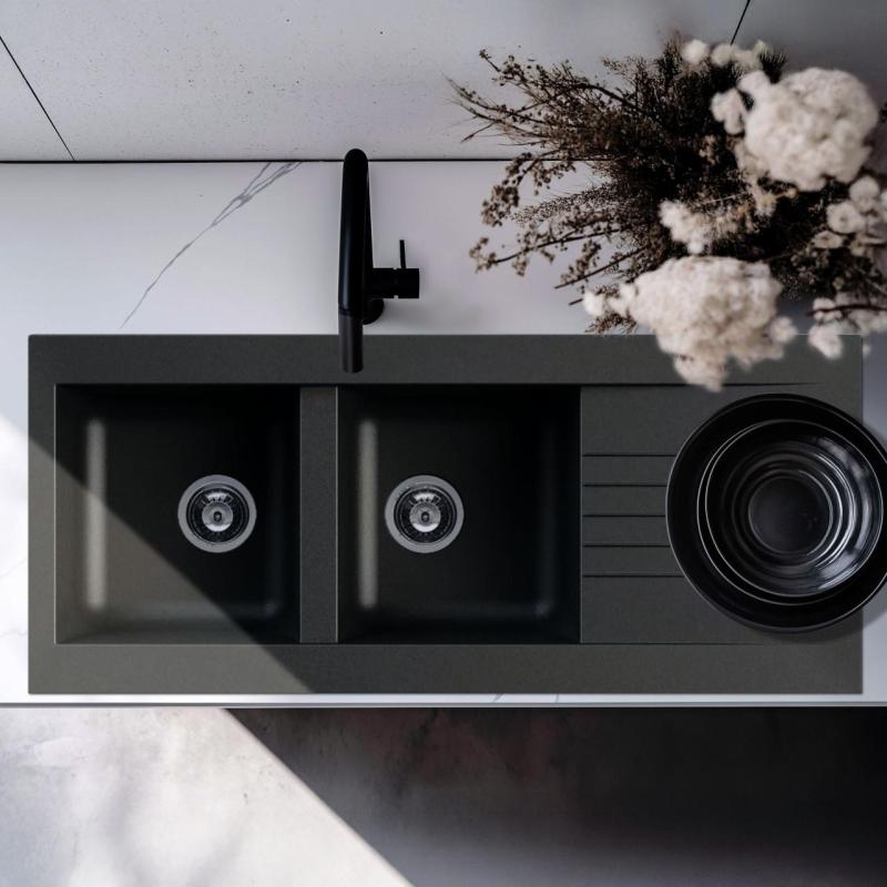 Ausmann Fibre dubbel svart plast diskho, vändbar med avrinningsyta, ovanpåliggande 116x50 cm 1208956787