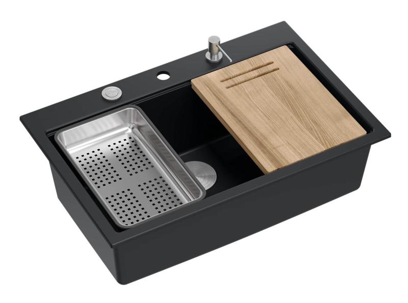 Quadri mattsvart hård rock granit infälld stor diskho 76x50cm inklusive tillbehör 1208957201