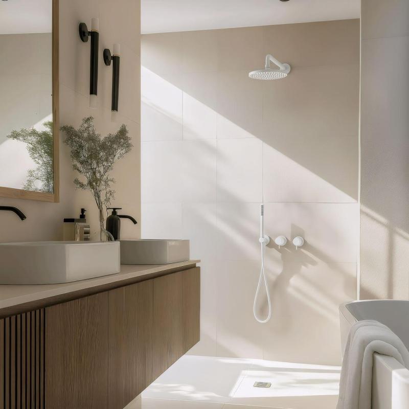 Waterevolution Flow inbyggt duschset matt vitt med termostat regndusch och handdusch 1208957344