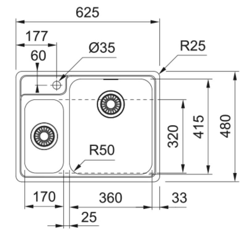 Franke diskho Bellissimo BCX 260 planmontering inkl. kranhål 625x480mm 127.0691.229