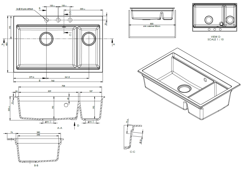 GraniteMy Limited stora 1,5 granit inbyggnads- och undermonterad svart diskho inklusive tillbehör 76x48 cm 1208957389