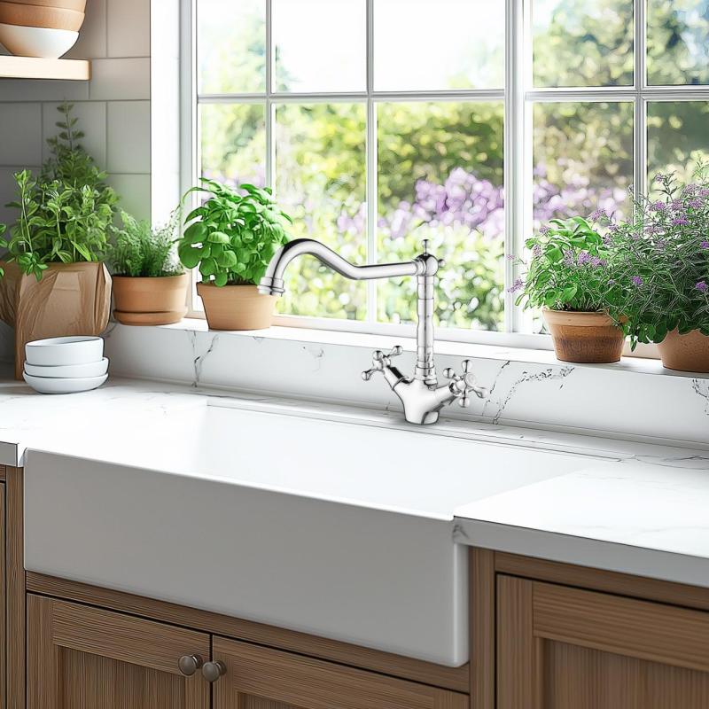 AquaTrimo Windsor klassiskt kök nostalgisk kökskran med vinklad pip krom 21WS7531CM