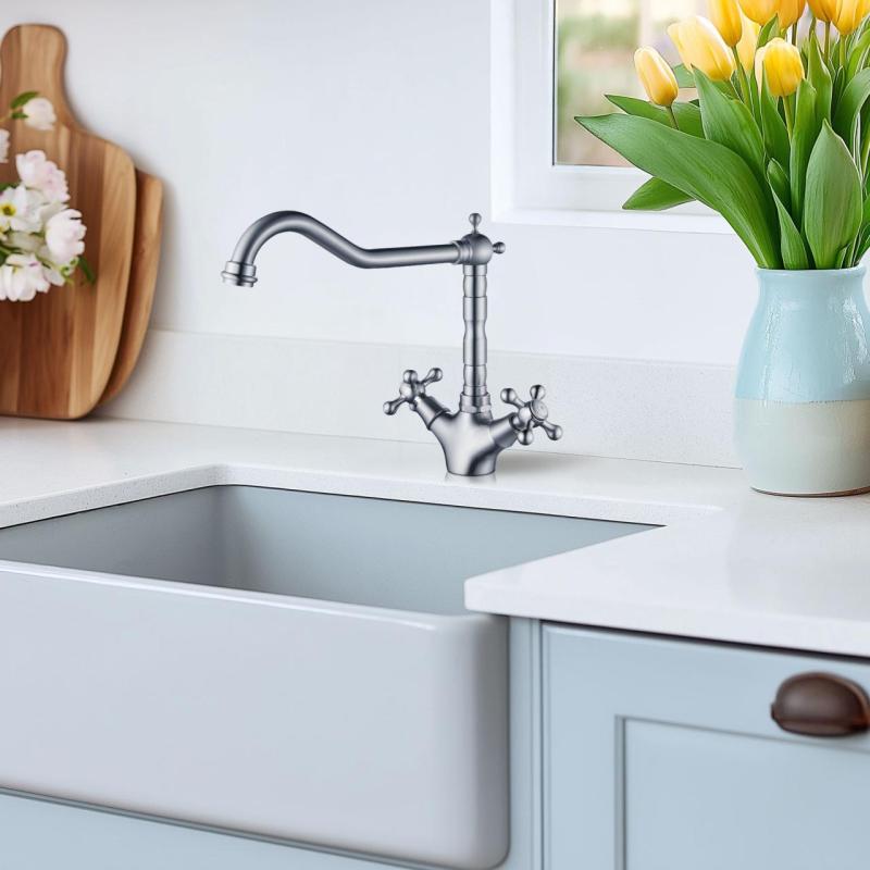 AquaTrimo Windsor klassiska kök nostalgisk kökskran med vinklad pip RVS 21WS7531NM