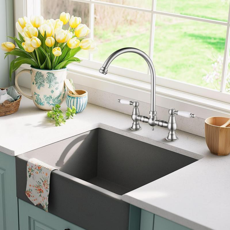 AquaTrimo Country 2-håls klassisk köksnostalgisk bro köksblandare med rund pip i färgen rostfritt stål 21CT7655NM.