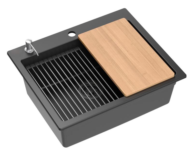 Quadri Durham svart granit påbyggnad diskho 595x500 med tvålpump, skärbräda, inbyggnadsback och rullmatta 1208957904