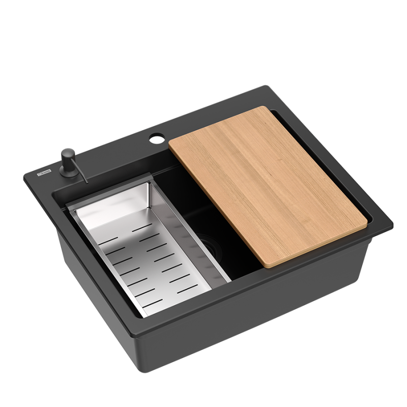 Quadri Durham svart granit påbyggnad diskho 595x500 med tvålpump, skärbräda, inbyggnadsback och rullmatta 1208957904