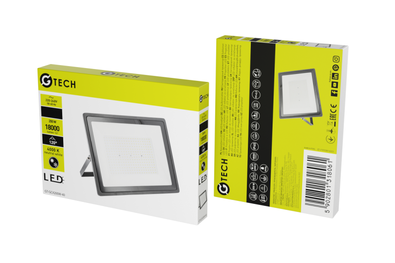 G-TECH LED-strålkastare, 18000lm, AC220-240V, 50/60 Hz, PF>0,9, RA>80, IP65, 120°, 4000K, svart 1208959187
