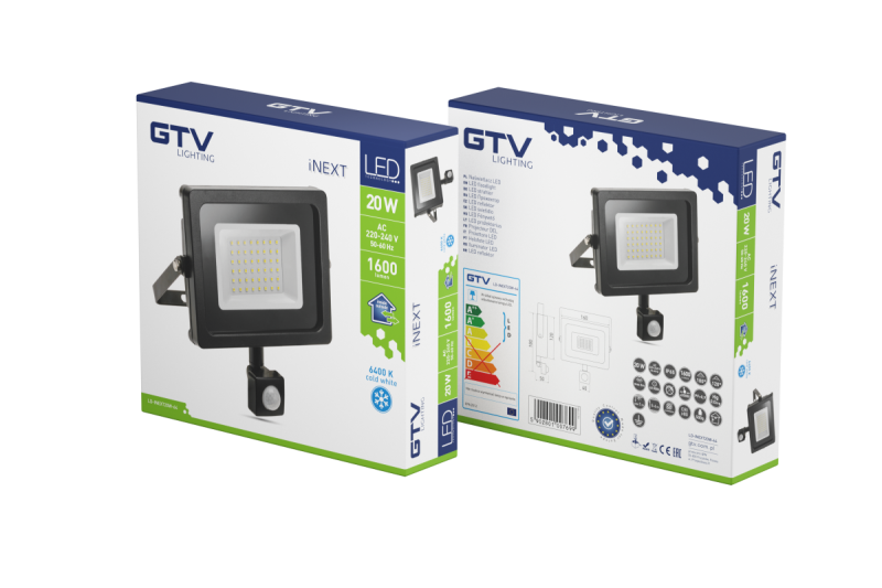 LED-strålkastare iNEXT med rörelsesensor 20 W 1600 lm, PF>0,9, RA>80, IP65, 120°, 6400 K, svart kropp 1208962859
