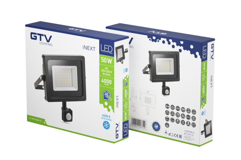 LED-strålkastare iNEXT med rörelsesensor 50W 4000lm, PF>0,9, RA>80, IP65, 120°, 6400K, svart kropp 1208962862