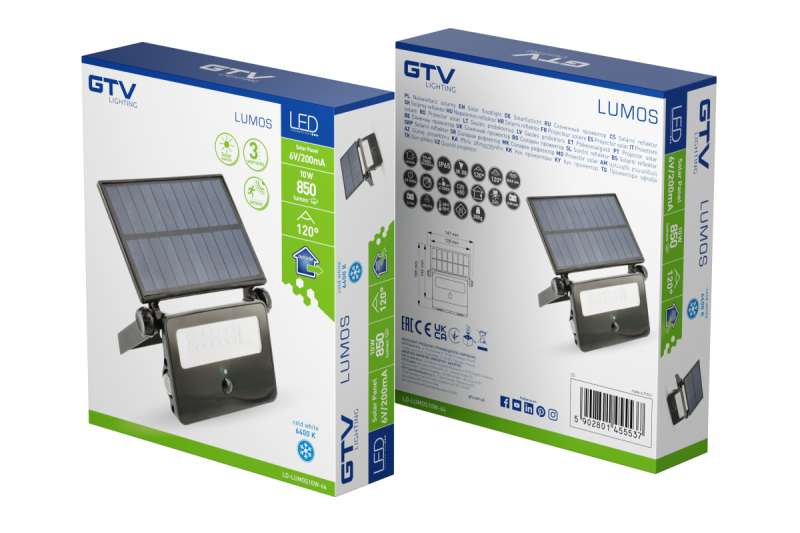 Solar LED-strålkastare LUMOS, med rörelsesensor, 10W, 850lm, 6400K, IP65, 120°, solpanel, 3y 1208962938
