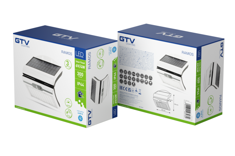 RAMOS Solarfasadlampa med Rörelse/Skymningsdetektor, 50W, 300lm, 3,7V 1800mAh, IP44, 6000K, vit 1208963114