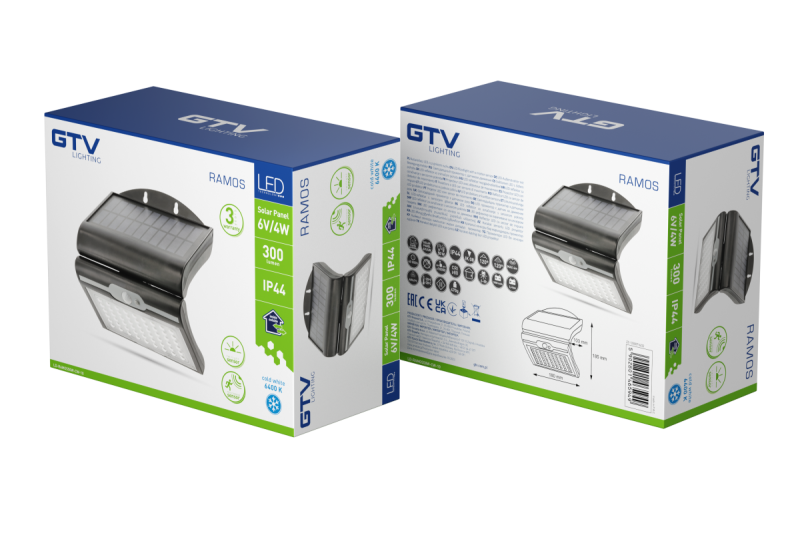 RAMOS Solarfasadlampa med Rörelse/Skymningssensor, 50W, 300lm, 3,7V 1800mAh, IP44, 6000K, Svart 1208963115
