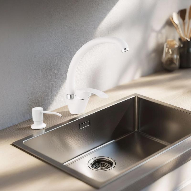 Quadri vit köksblandare set med inbyggd tvålpump och justerbar insatslåda vit 1208966928