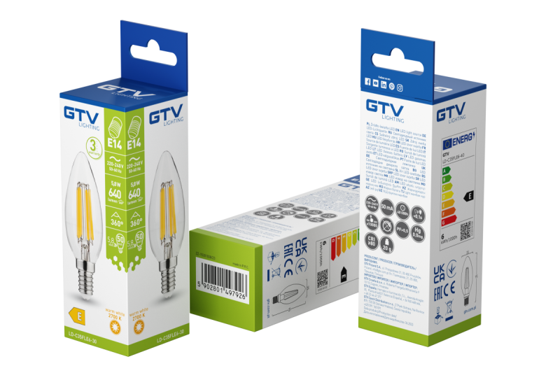 LED LJUSKÄLLA, FILAMENT, A-G, C35, 2700K, E14, 5,8W, AC220-240V, 360°, 640lm, 50mA 1208966964