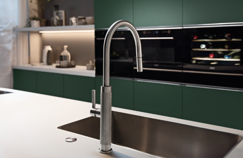 Franke Mythos Masterpiece Köksblandare med J-utlopp, utdragbar duschhuvud, helt i rostfritt stål 115.0711.554