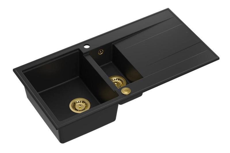 Quadri Luton svart granit infällningsdiskho 1,5 hoar med avrinningsyta vändbar 100x50cm med gulddragspropp 1208967346