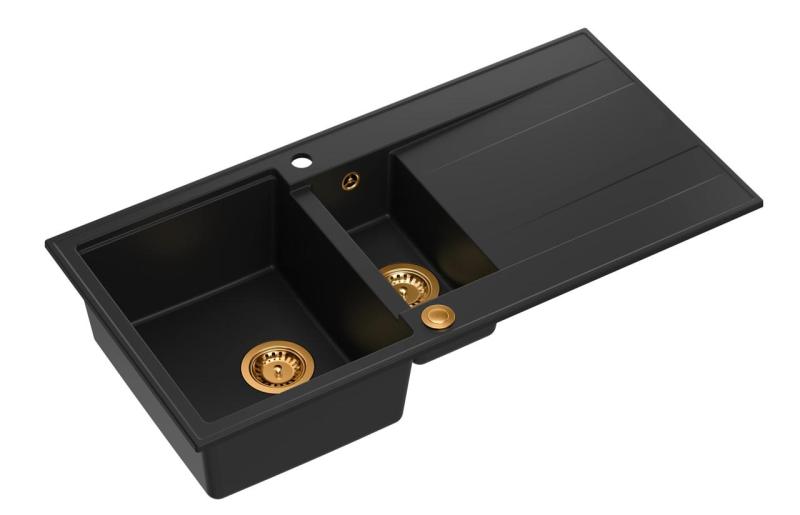 Quadri Luton svart granit inbyggnad 1,5 diskho med avrinningsyta vändbar 100x50cm med kopparplugg 1208967347