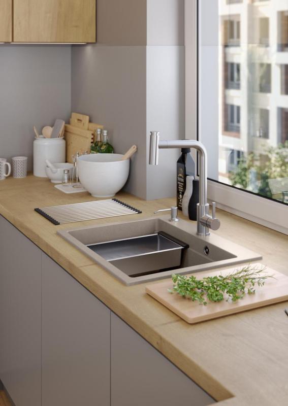 Quadri Durham taupe granit ovanpå diskbänk 595x500 med tvåldispenser, skärbräda, inbyggd diskho och rullmatta 1208967376