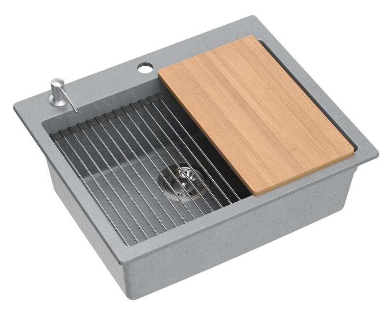 Quadri Durham grå granit uppbyggnad diskbänk 595x500 med tvåldispenser, skärbräda, infällningsbar och rullmatta 1208967378